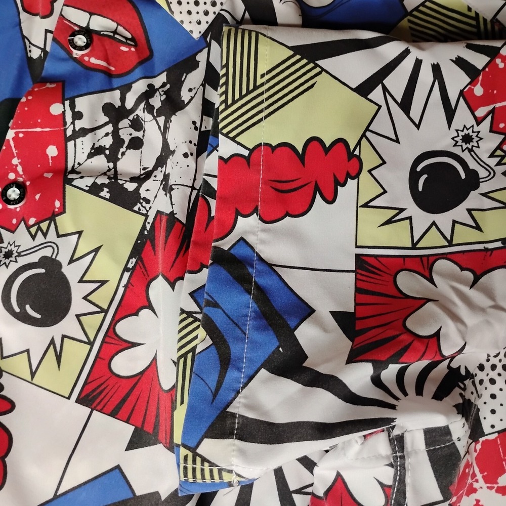 Blue Gear Comic Multi Color‎ Stretch Short Sleeve Button Abstract Graphics XL - Picture 10 of 16